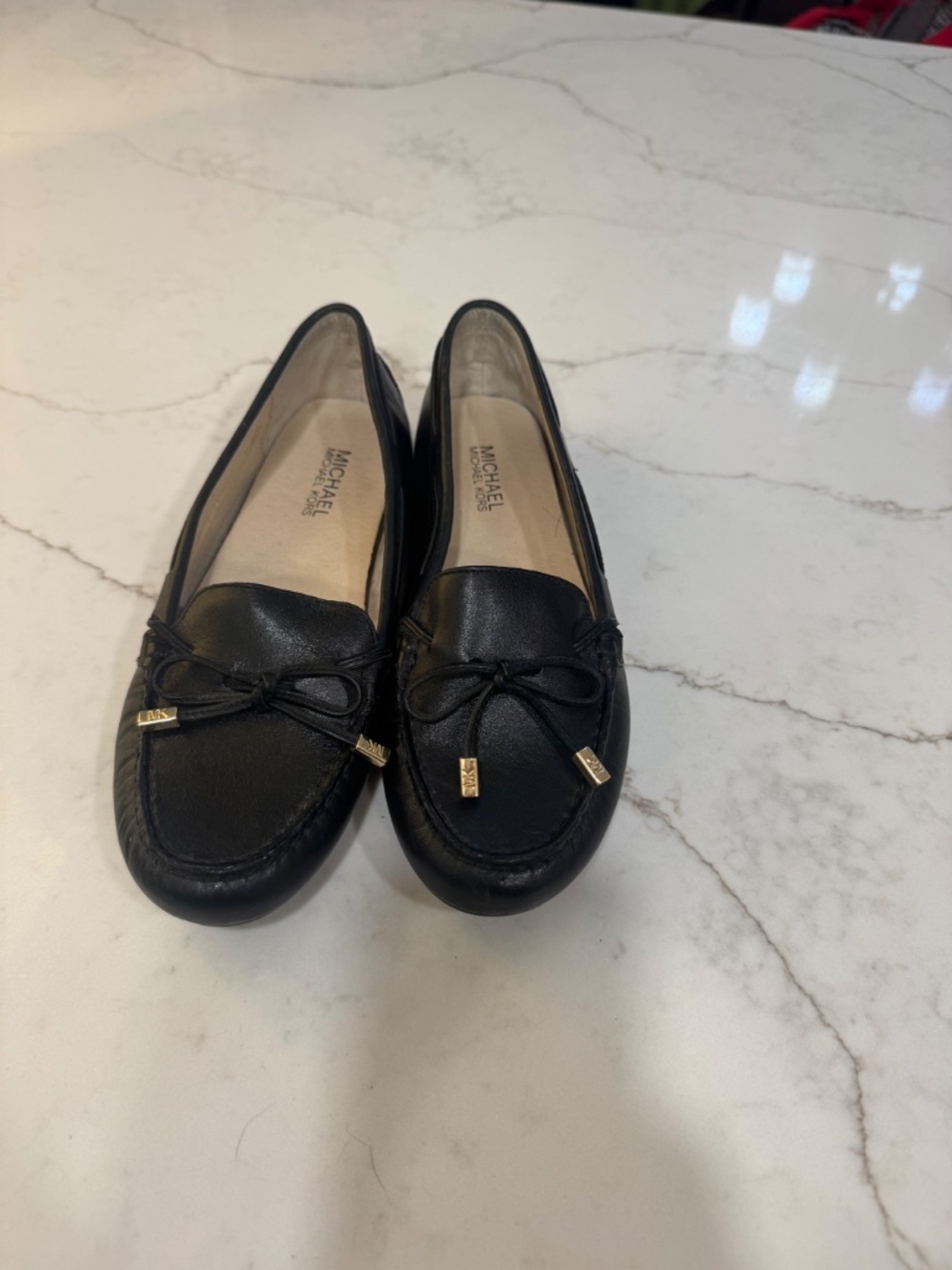 Michael Kors Black Leather Loafers Size 8 | Gold Detail Slip-On Flats - Picture 2 of 4